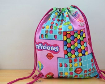 String backpack,candycrush,colors print fabric,candy crush fabric,fabric backpack,draw string backpack,draw string bag,pink backpack