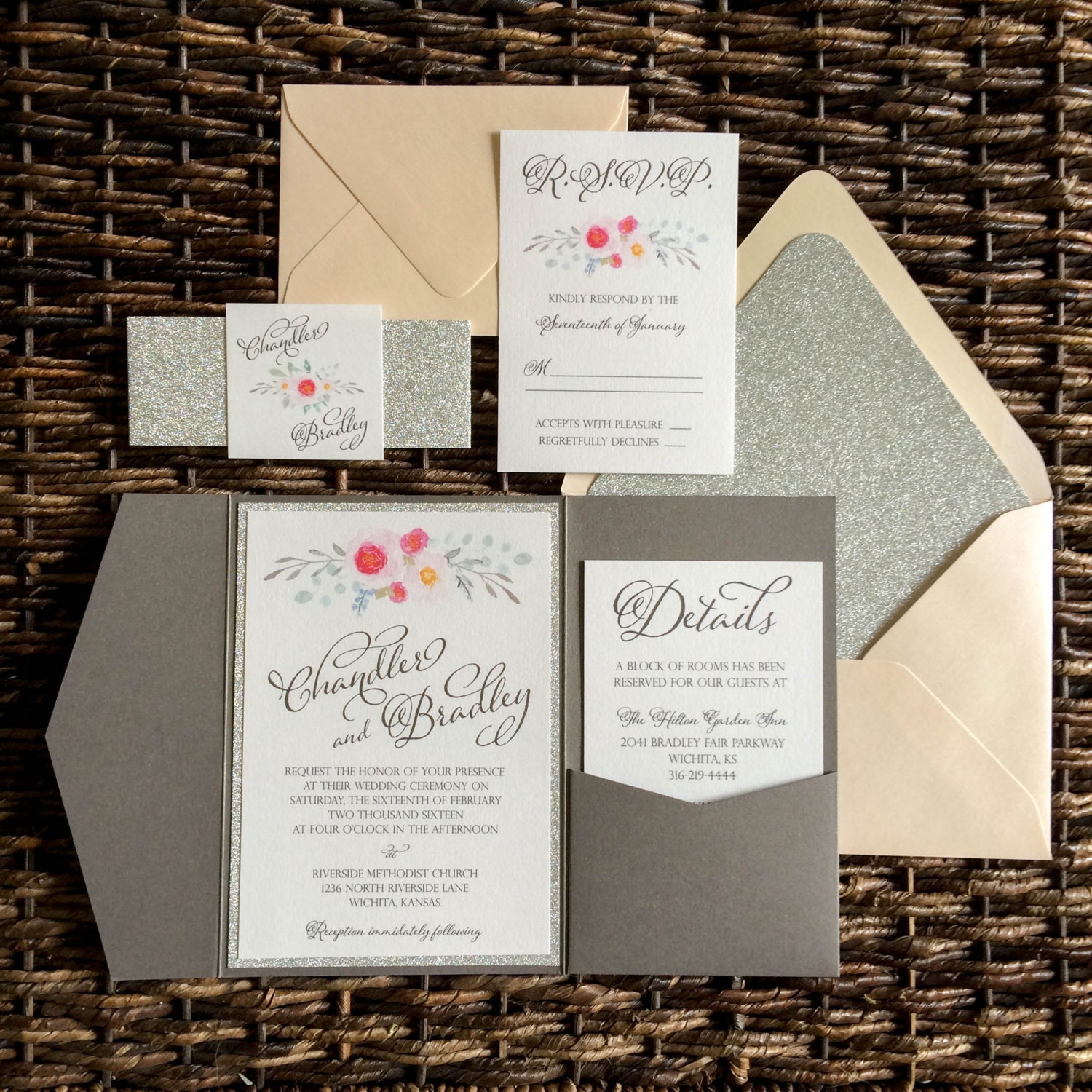 Silver Glitter And Blush Pocket Wedding Invitation Fl Silver Glitter And Blush Pocket Wedding Invitation Fl Flower