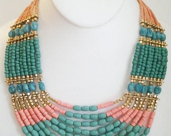 Gold, Teal and Peach Necklace / Multi Strand Necklace / Beaded Necklace.