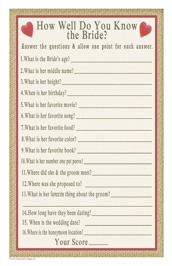 How Well do you Know the Bride PRINTABLE bridal or wedding
