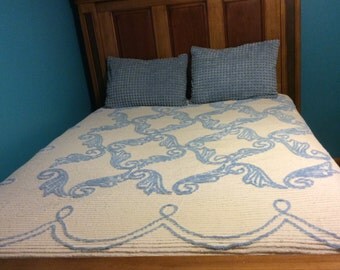 Vintage Chenille Bedspread, Full Bedspread, Queen Bedspread, Blue and White Chenille Bedspread, Mid Century Bedspread, 1950's Bedspread
