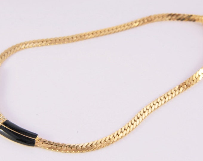 Swarovski Choker Statement Bib Necklace Gold Chain Black Enamel White Little Rhinestones Short Golden Black Necklace Chanel Style Necklace