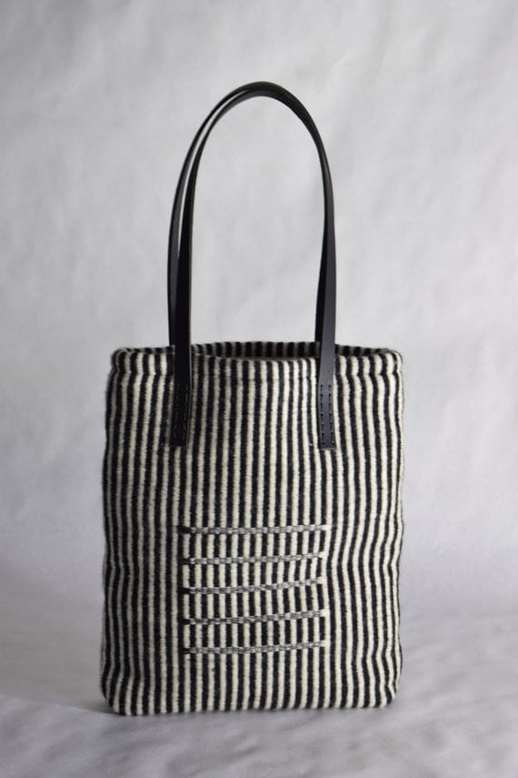 Hand woven black and white striped tote bag black leather wool