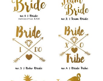 Bachelorette Tattoos | Metallic Gold Temporary Tattoos for Bachelorette Party Favors, Pineapple Flamingo Bride Tribe Tattoos, Gold Foil Tats