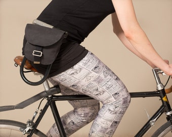 Black and White Newspaper Leggings. Vintage Bike Advertising Collage.