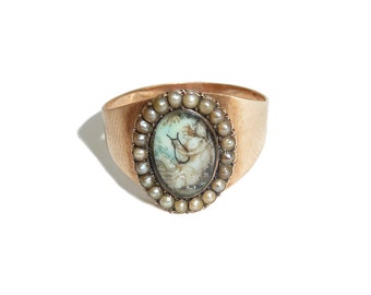 Georgian Mourning Ring - Lady Playing A Lyre - Pearl Halo