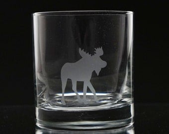 Moose Whiskey Glass- Etched Whiskey Glass- Scotch Glass- Moose Glassware