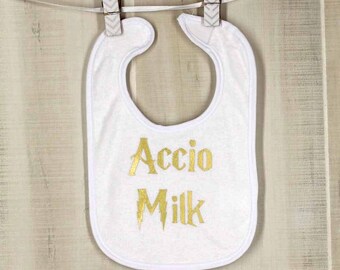 Accio Milk - Gold Harry Potter Baby Bibs Funny Bibs Funny Baby Shower Gift