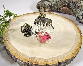 Real rose necklace, terrarium necklace, rosebud pendant, real flower jewelry, rose pendant