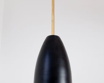 Loki Bold as Brass Pendant Light with Black Powder coated Brass Lampshade, brass tube and ceiling rose