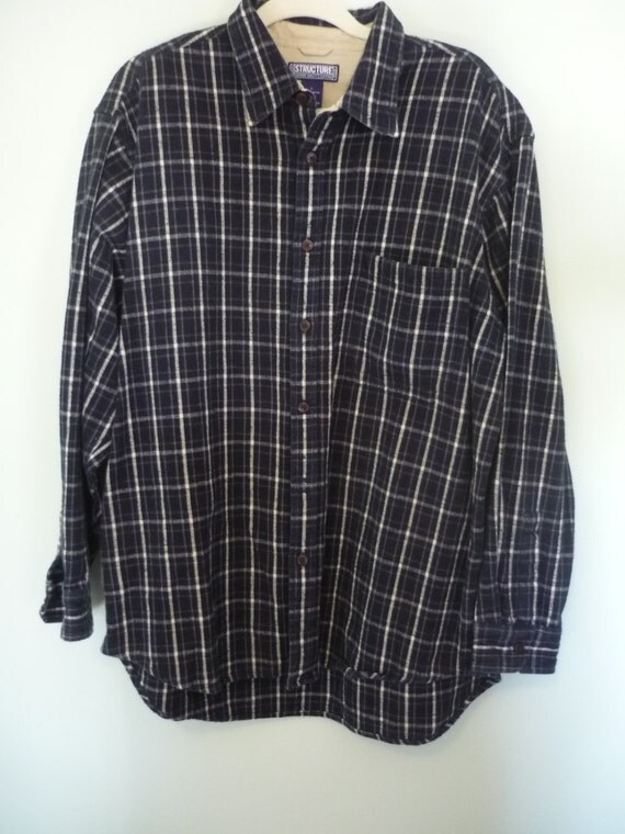 1990s Grunge Flannel Shirt / Vintage Structure / Navy and