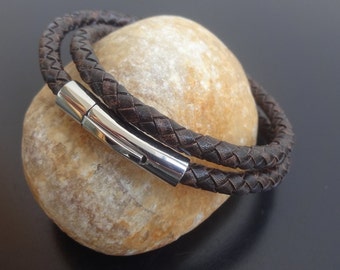 Mens braided leather bracelet, men's braided leather bracelet, braided leather bracelet stainless steel clasp, wrap leather bracelet, cuff