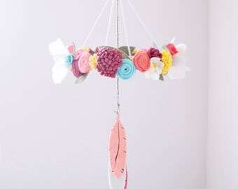 Felt Feather and Flower Baby Mobile: Southwest Charm (Tribal) Nursery Decor - Floral Crib Mobile- Flower Chandelier -Custom Colors Available