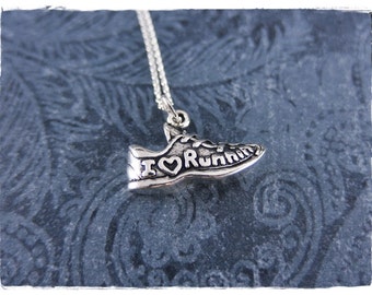 Silver I Love Running Shoe Necklace - Sterling Silver I Love Running Shoe Charm on a Delicate Sterling Silver Cable Chain or Charm Only