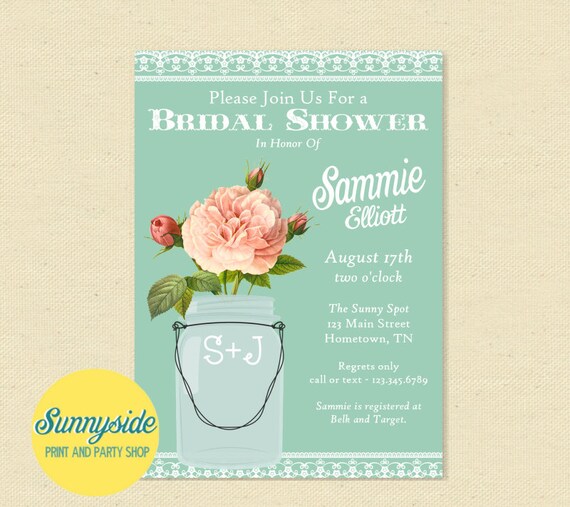 Bridal Shower Invitation, Mason Jar Invite, Mint & Peach - Wedding, Couples, Brunch Invitation, Printable, Any color! Il_570xn