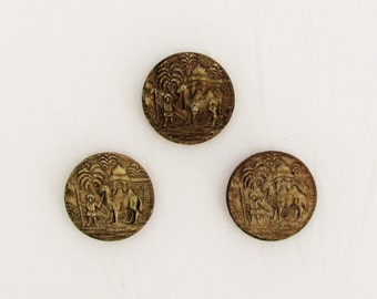 Vintage buttons with Arabian desert scene, set of 3 composition buttons with scene of camel and mosque, 1920's buttons