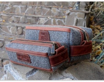 Felt & Waxed Leather Men's Toiletry Bag / Gift for him /Groomsmen Gift Bags / Cognac Brown Leather Dopp Kit / FREE Personalization