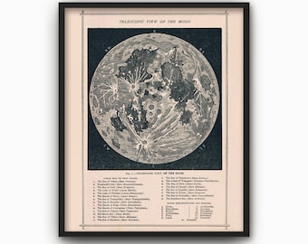 Full Moon Map Reproduction - Vintage Lunar Astronomy Wall Art Print - Geography Moon Chart - Telescopic View of the Moon - Moon Topography