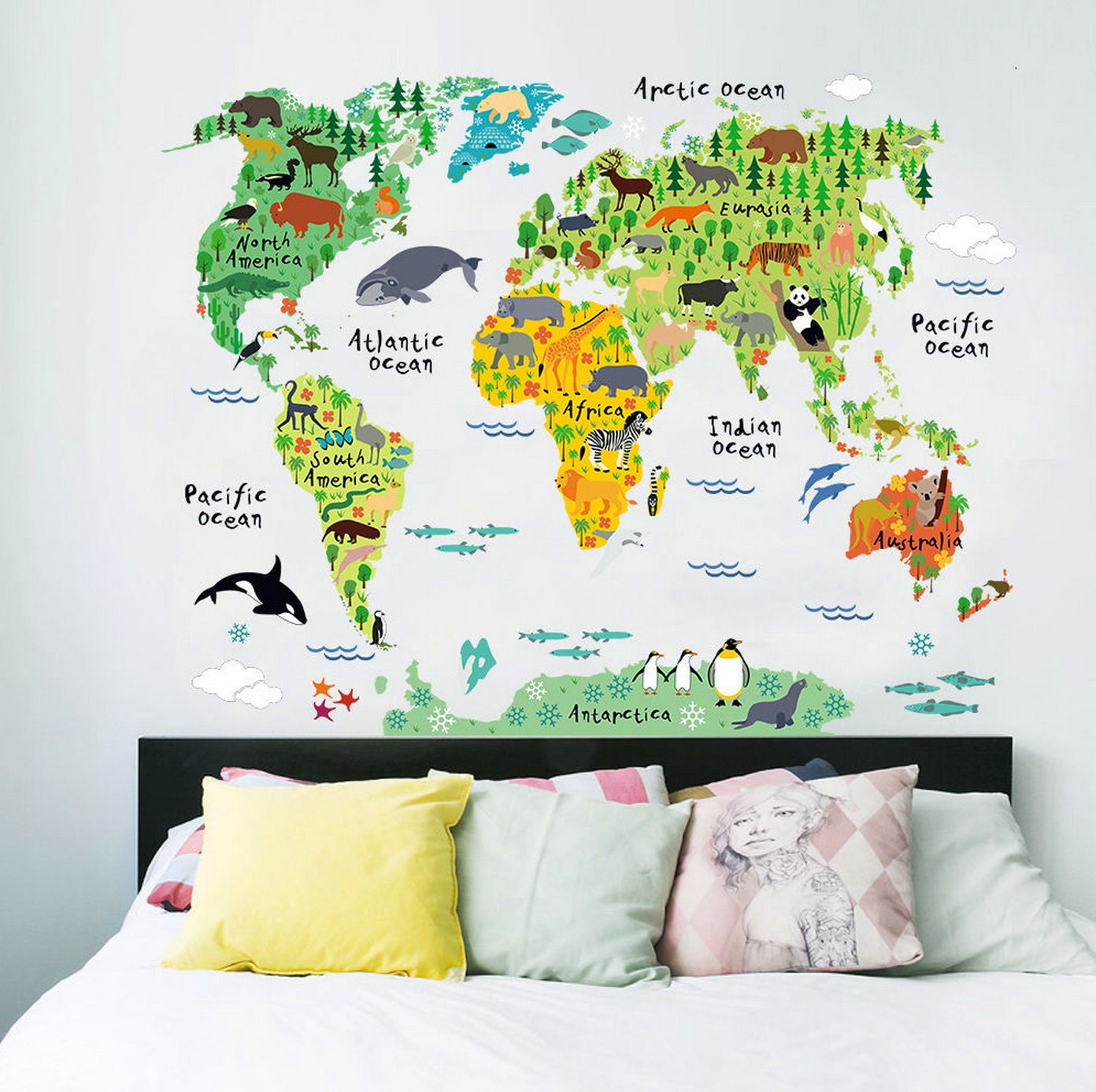 Map Of The World Kids Wall Sticker HUGE 4' x 4' Kids' World Map Wall Stickers/Decals - Educational