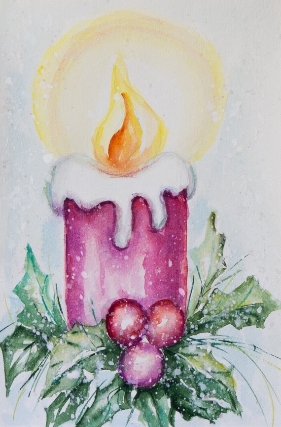 Items similar to Christmas Watercolor, Christmas candle light, original water color painting