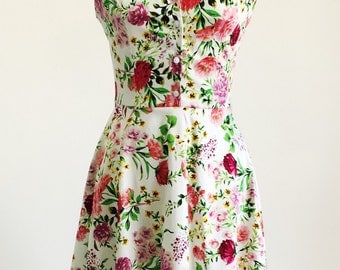 Spring flower dress, floral dress, summer dress, vintage style dress, mid-length dress, cotton dress, 50s dress, garden party dress