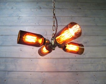 Rustic Chandelier - Beer Bottle Light - Upcycled Glass - Modern Industrial Lighting - Hanging or Flush Mount