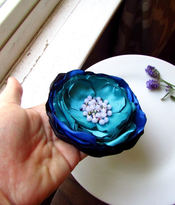 Ombre Blue Silk Flower Pin Extra Large Silk Flower Brooch