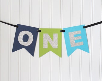 Silver, Navy, Green Blue ONE High Chair Banner Happy Birthday Banner/ Boy Birthday/ Prince Party/ Party Decorations/ 1st birthday