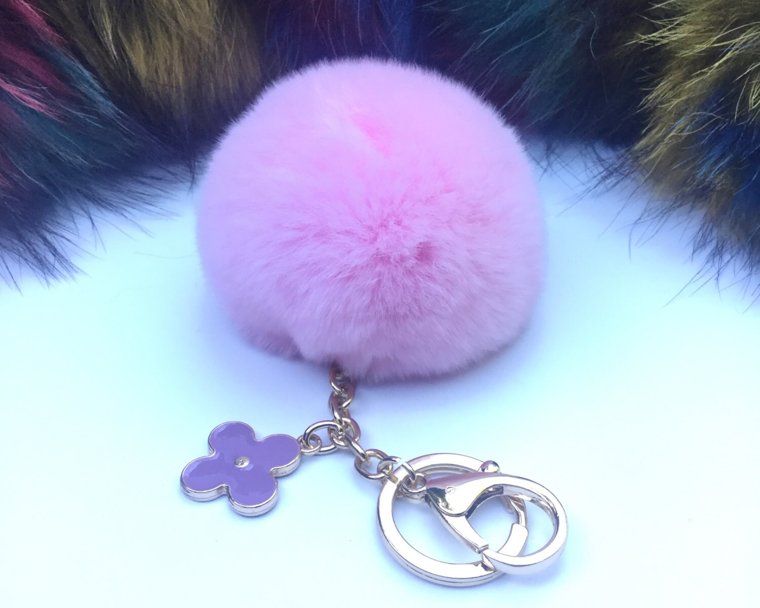 New! Summer Collection Pink Rex Rabbit fur pom pom keychain bag charm ...