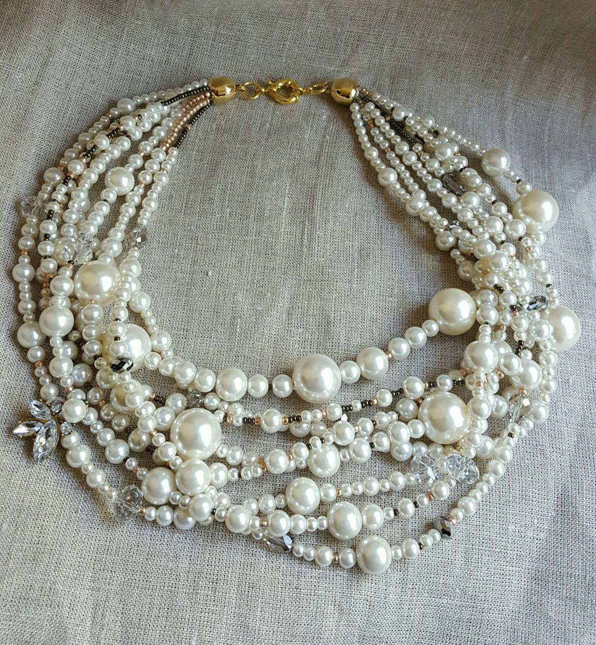 Extra large pearl and crystal multistrand statement necklace