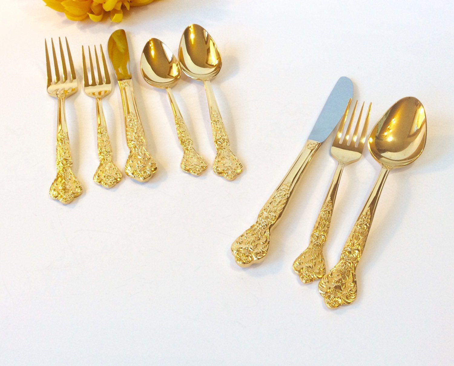 8pcs Ornate Gold Flatware Spoons Forks Knives Roses Floral