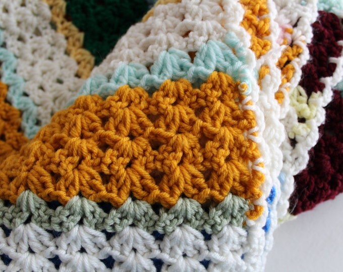 Vintage Crocheted Afghan Blanket, Vintage Afghan, Multi-colored Blanket, Blanket with Fringe