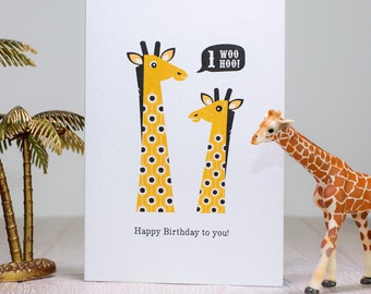 Giraffe First Birthday Card, 1st Childrens Birthday Card, Age One Animal Jungle Birthday Card, Kids Retro Scandinavian Geometric Design
