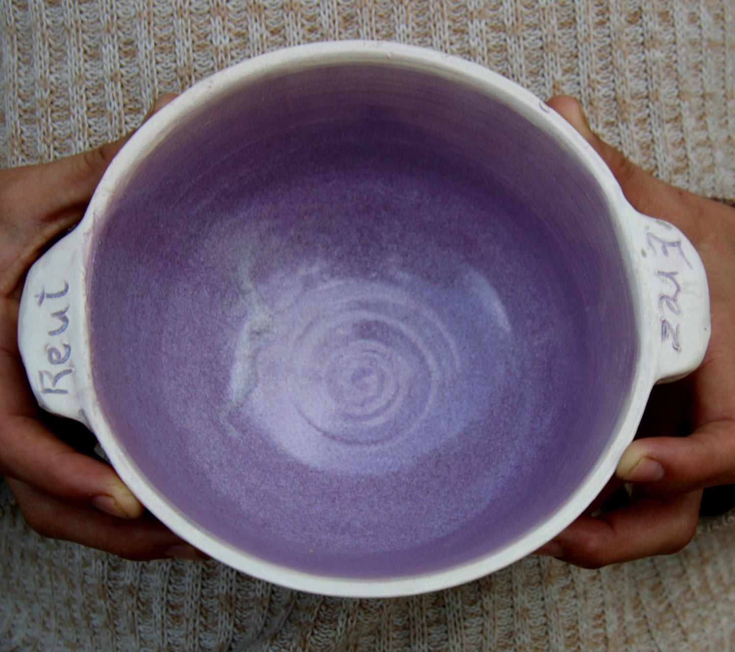 personalized bowl soup bowl with handles Purple names on