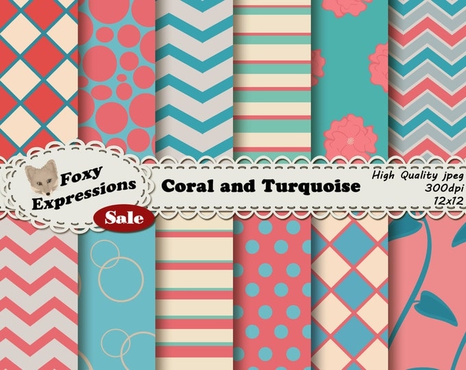 Coral and Turquoise Digital Paper in checkers, chevron, floral, stripes, polka dots, vine stripes and bubbles for personal or commercial use