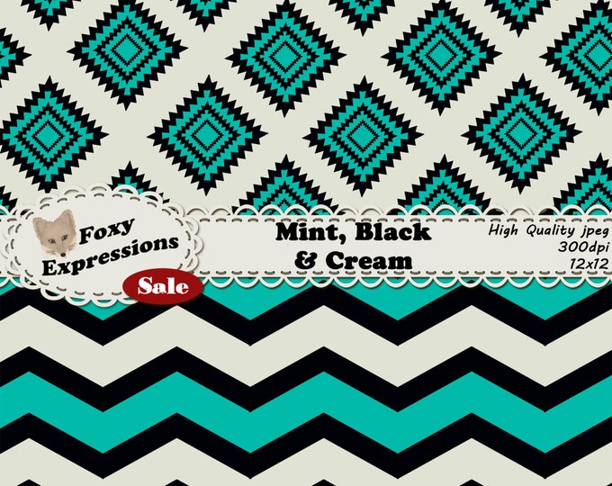 Mint, Black and Cream Digital Paper pack comes in modern and vintage designs, including damask, chevron, spoons, polka dots, stripes, & more