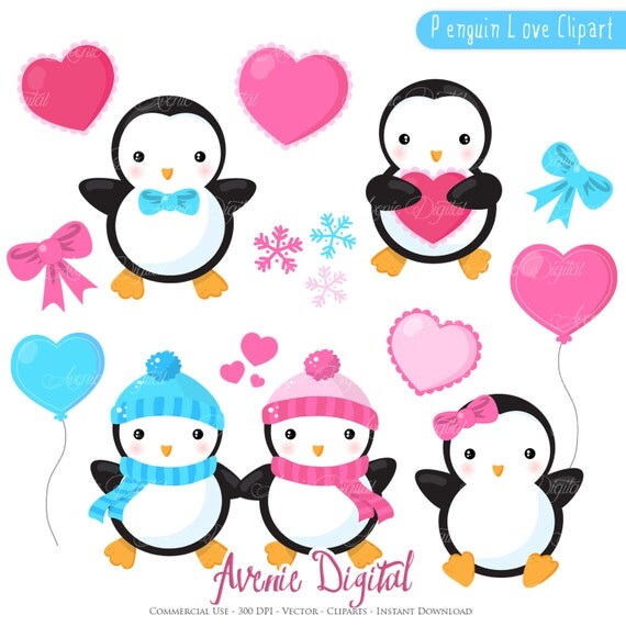 Valentines Penguins Clipart Scrapbook Printables Holiday Clip Art Set