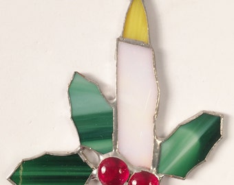 Handmade Stained Glass Christmas Candle with Holly! Gorgeous Ornament or Suncatcher.