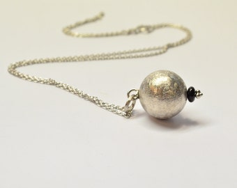 Silver and onyx necklace, silver ball,sphere charm,long silver chain, silver clasp, chanel necklace, handmade Italian jewelry made in Italy