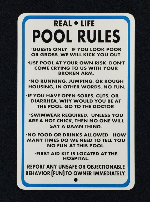 Real Life Pool Rules 12x18 Metal Sign. Funny Pool Rules Sign.
