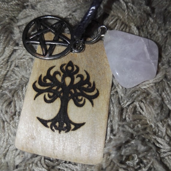 YGGDRASIL Tree of Life pentagram and rose quartz norse viking pagan type 2 DIABETES ALERT id charm necklace #giftsforher