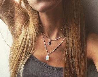 Opalite tear drop crystal necklace, quartz necklace, moonstone necklace style by serenity project.