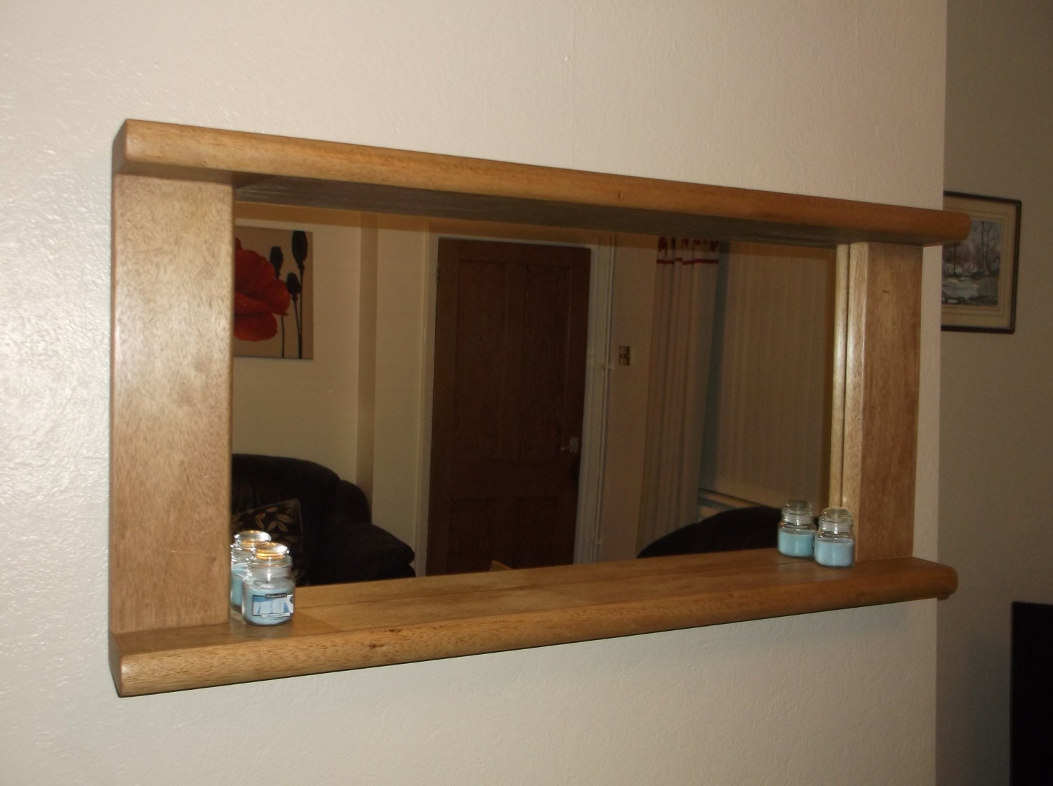 Large chunky solid wood mirror with shelf reclaimed