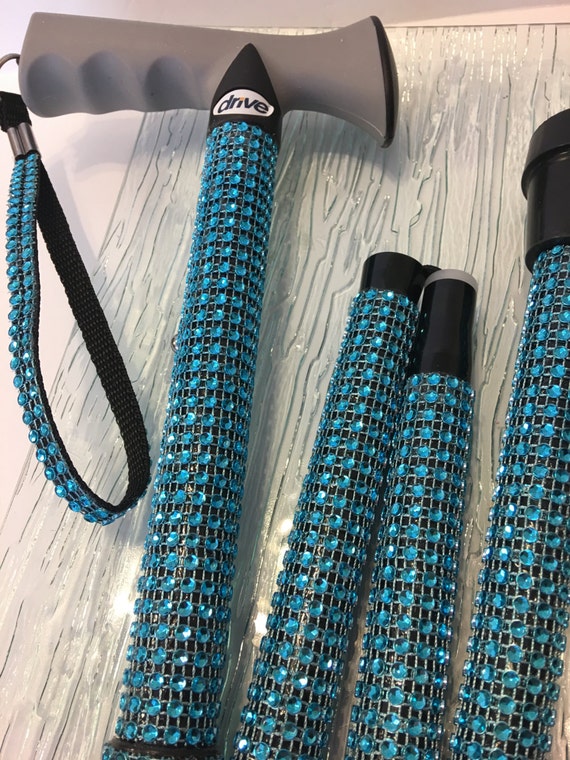 Turquoise Blue Rhinestone Bling Walking Cane Folding Sparkly