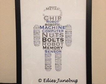 Robot Word Collage, Boys Birthday Gift, Bedroom Decor, Childs Wall Art, Personalised Keepsake, Robotic Art, Word Cloud,