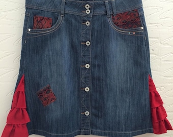 Upcycled denim skirt. Eco chic. OOAK, Red frills, buttons & studs, denim skirt, size 14 recycled denim.