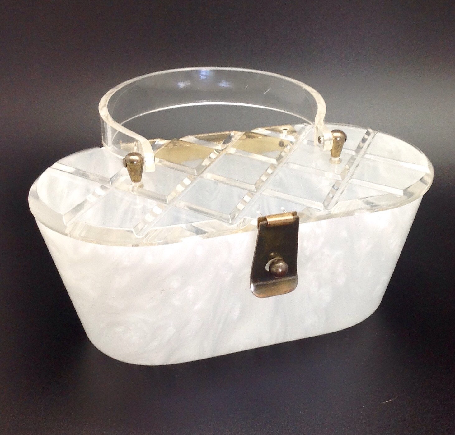 Mid Century Lucite Handbag Wedding Purse Pearl White