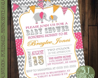 Gray Chevron with Pink & Orange Elephant Baby Shower Invitation - Digital JPG Copy