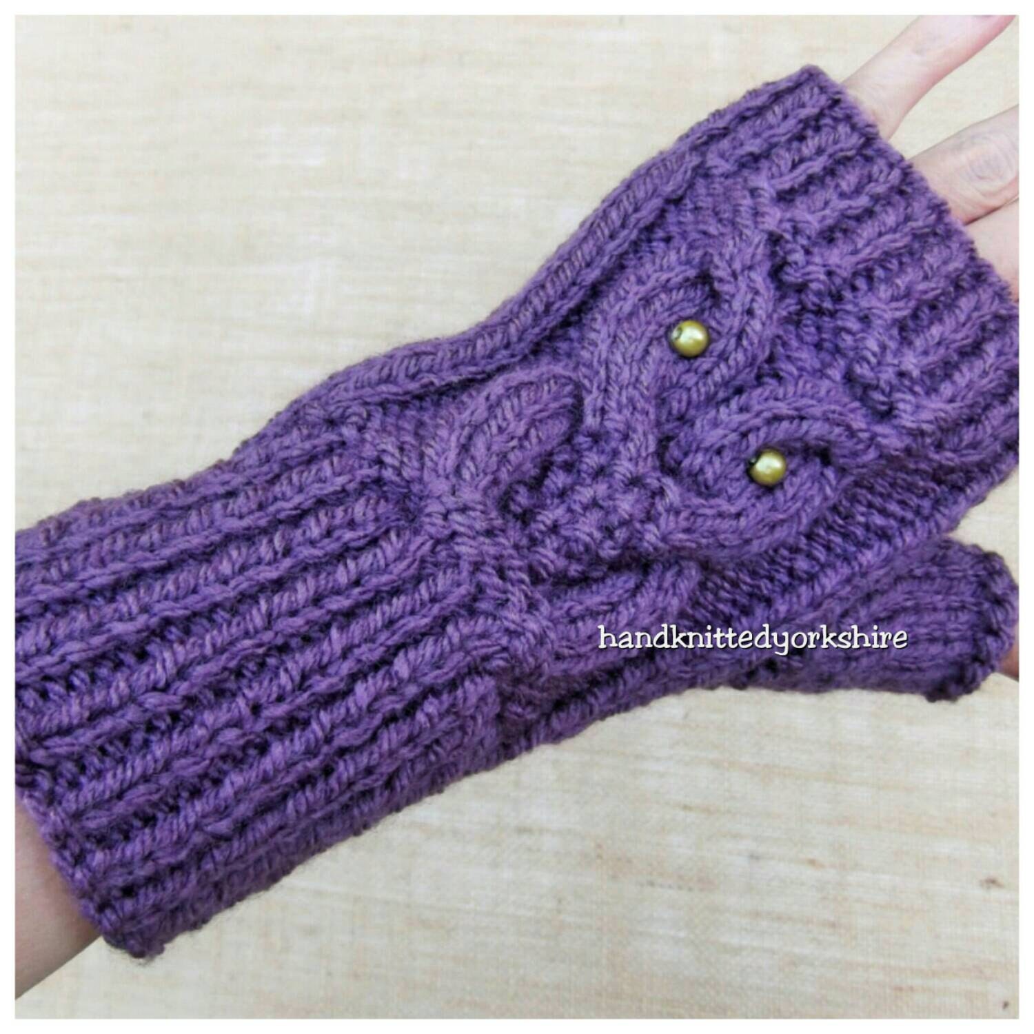 Hand Knitted Ladies Fingerless Gloves Owl Cable Design in