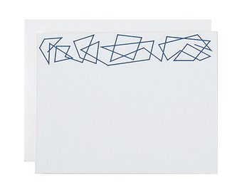 Letterpress Stationery, Box Set, "Zig Zag", Navy, Edge Painted, Coral, Modern, Minimal